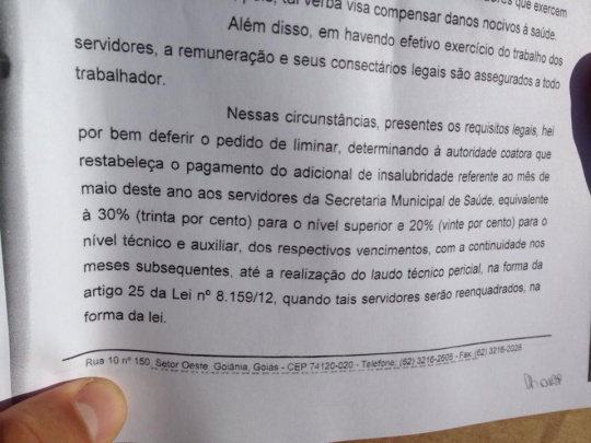 Parte da sentença que garante retomada do pagamento da insalubridade. Foto: Divulgação